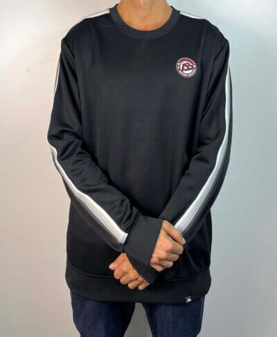 Sudadera sin capucha Team Black. Rayas en las mangas en escala de colores blanco, gris y negro. Parche bordado en el pecho.